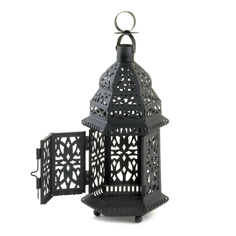 10.5" Black Metal Moroccan Style Candle Lantern with Intricate Cutouts