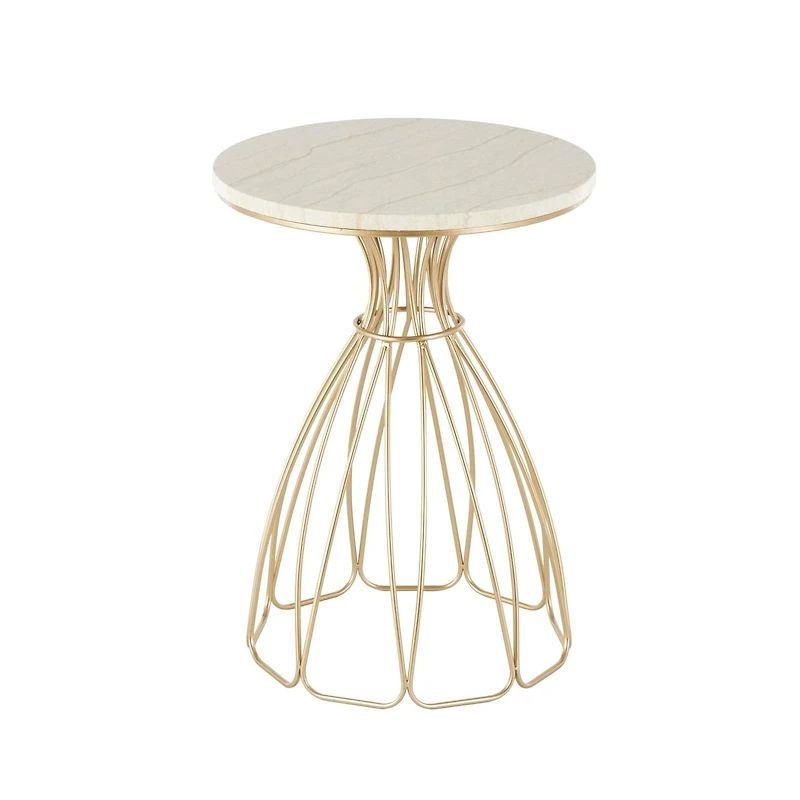 21.5" Gold Metal Flower Inspired Accent Table with Cream Marble Tabletop