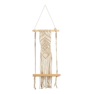 22" Boho Chic Wood Macrame Shelf with Diamond Weave