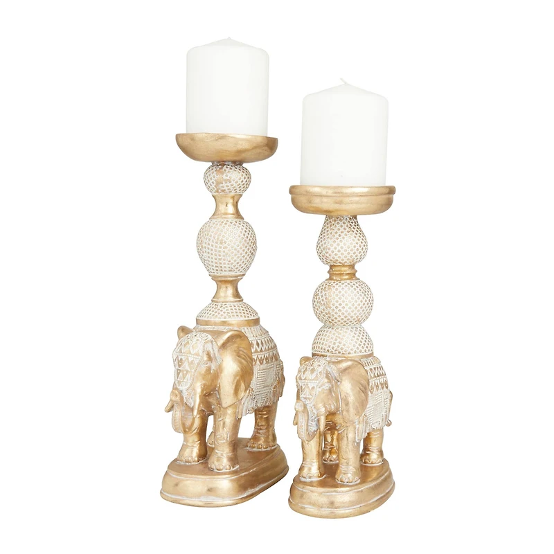 Set of 2 Gold Polystone Traditional Candle Holders, 13" x 6" x 4"