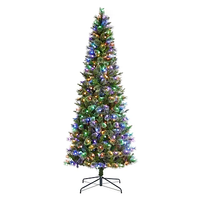 Glitzhome® 9ft Pre-Lit Green Cashmere Slim Pine Artificial Christmas Tree, Multicolor LED Lights
