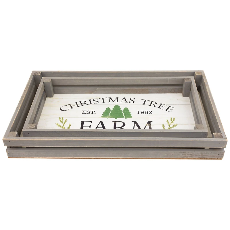 Gray & White Farm Fresh Christmas Trees Wooden Tray Hanging Sign Set