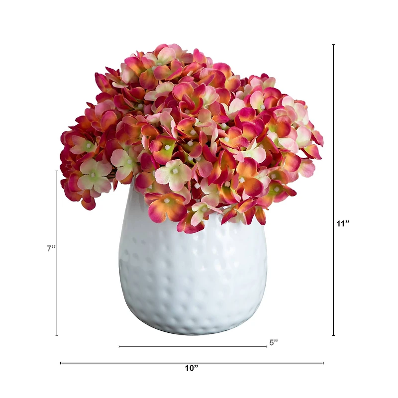 11" Pink Hydrangea Arrangement in White Metal Vase