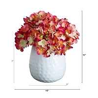 11" Pink Hydrangea Arrangement in White Metal Vase