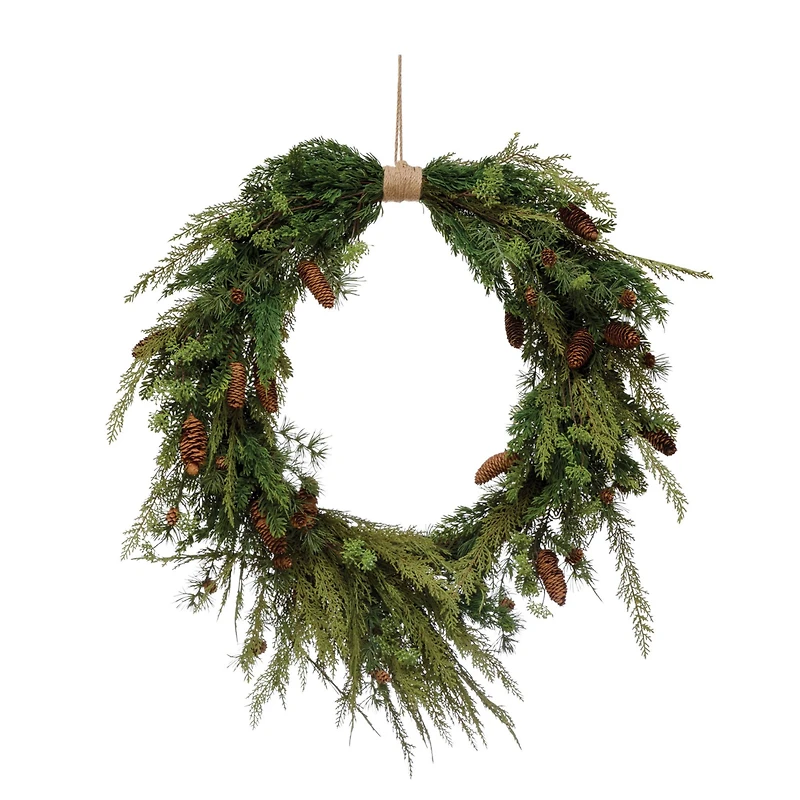 Hello Honey® 31" Faux Pine Wreath with Pinecones & Wrapped Jute Hanger