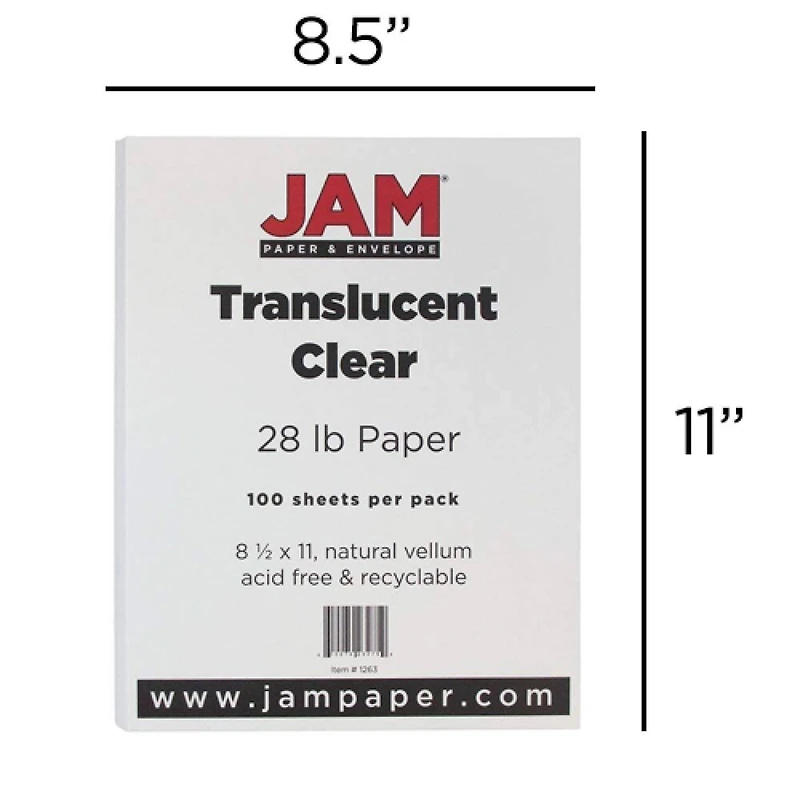 JAM Paper Clear Translucent 8.5" x 11" 28lb. Vellum, 100 Sheets