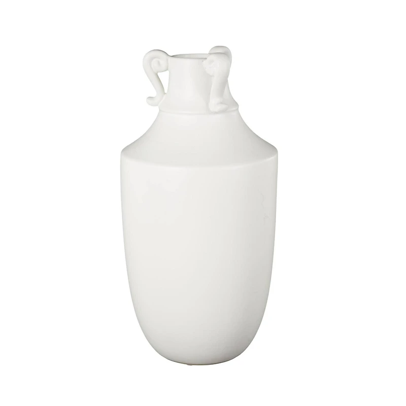 15.75" White Ceramic Sleek Amphora Vase with Scroll Handles