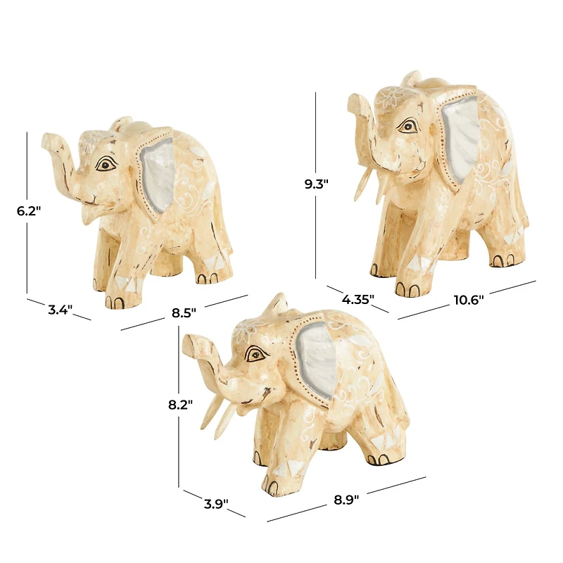 Light Brown Wood Elephant Handmade Sculpture Set, 3ct.