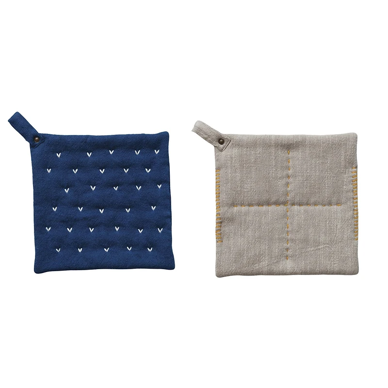 Hello Honey® Blue & Gray Hand-Embroidered Cotton Slub Pot Holders Set