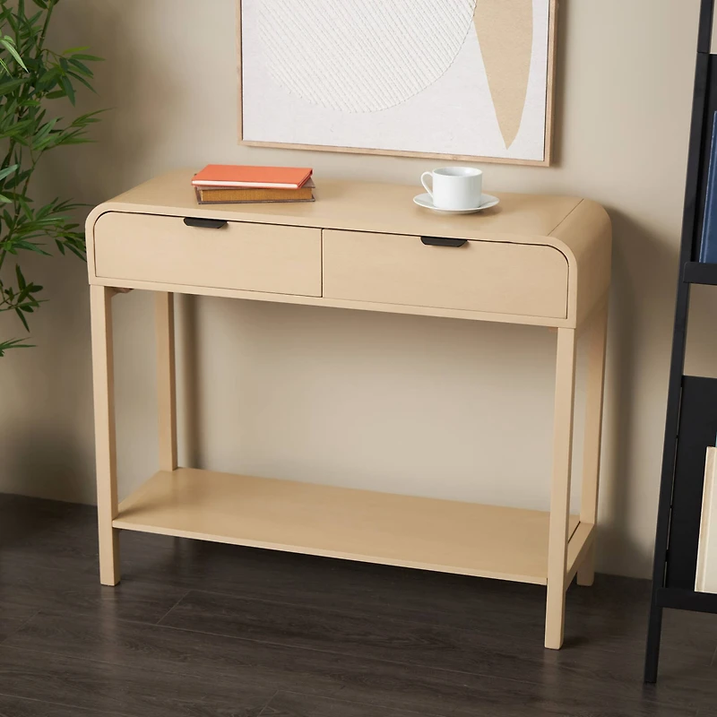 35.5" Beige Wood Handmade 2-Drawer Console Table with Black Handles