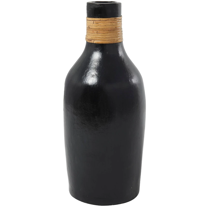 19" Black Ceramic Vase with Wrapped Rattan Detailing