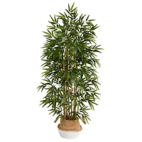64" Bamboo Artificial Tree with Natural Bamboo Trunks in Boho Chic Handmade Cotton & Jute White Woven Planter