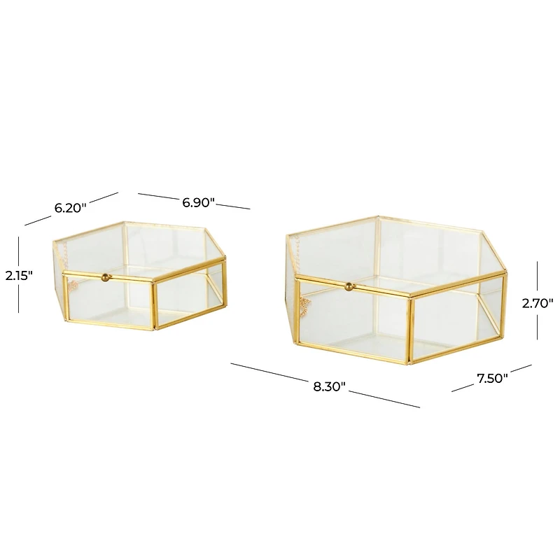 Clear & Gold Glass & Metal Hexagon Jewelry Box with Chain Accent Set