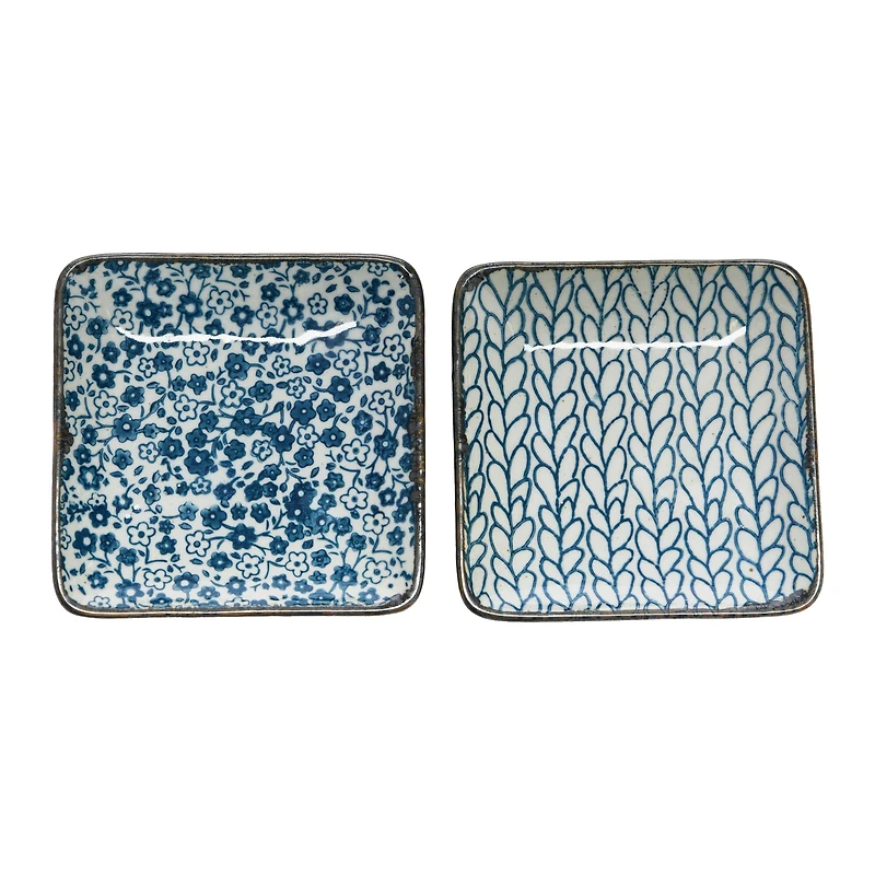 Hello Honey® 4" Blue & White Hand-Painted Decorative Stoneware Plates, 4ct.