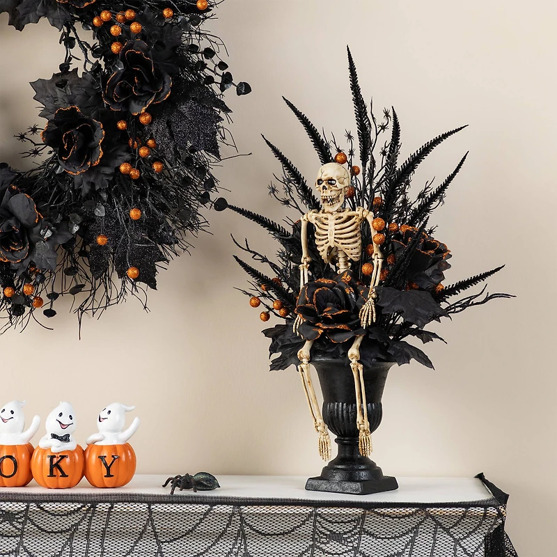 Glitzhome® 22"H Halloween Black Rose, Skeleton and Berry Urn Table Tree