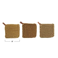 Hello Honey® Earthy Browns Square Leather Loop Crochet Cotton Pot Holder Set