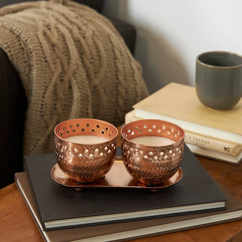 7oz. Tropical Breeze Scented Candles in Cut Out Copper Bowls and Tray