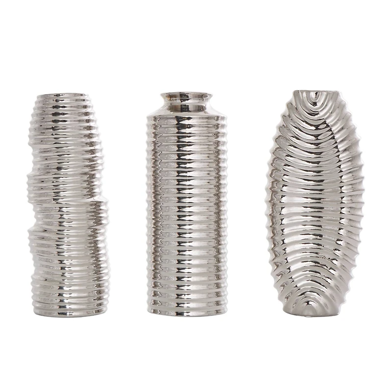 Silver Ceramic Dimensional Ribbed Vase Set