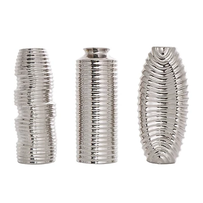 Silver Ceramic Dimensional Ribbed Vase Set