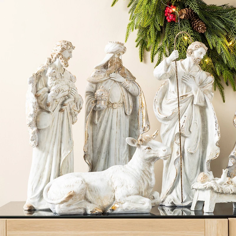 Glitzhome® 10-Piece Ivory & Gold Resin Nativity Figurine Set