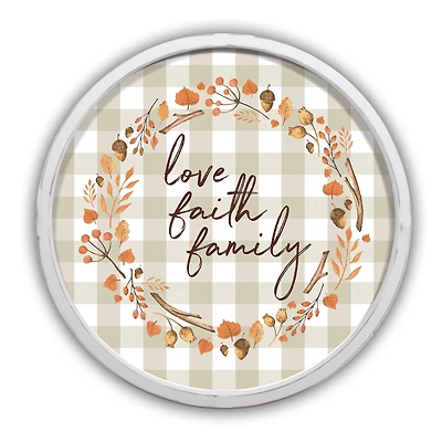 Love Faith Family Script 20" x 20" Round White Framed Print