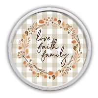 Love Faith Family Script 20" x 20" Round White Framed Print