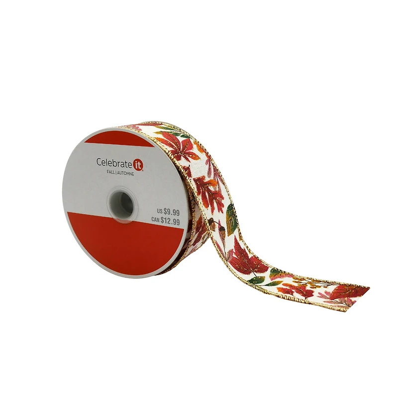 1.5" x 10yd. Gold & Red Faux Linen Fall Leaves Wired Ribbon by Celebrate It® 