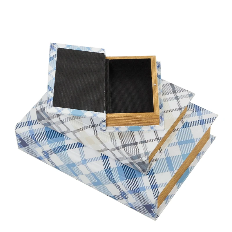 Blue Plaid Canvas Faux Book Box Set