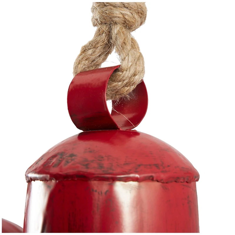 Red Metal Cow Bells Tibetan Inspired Decorative with Jute Hanging Rope Set