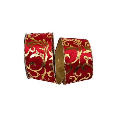 JAM Paper 2.5" x 10yd. Scarlet & Gold Scroll Wired Plush Velvet Ribbon