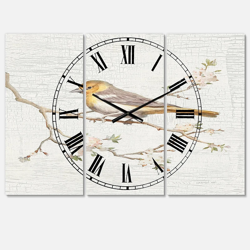 Designart Birds On Blossom II Traditional 3 Panel Wall Clock