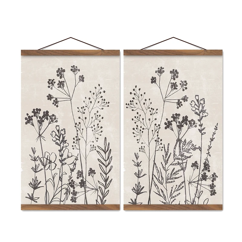 Sketched Florals 12" x 18" Teak Hanging Canvas - Set of 2