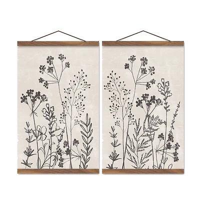 Sketched Florals 12" x 18" Teak Hanging Canvas - Set of 2