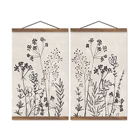 Sketched Florals 12" x 18" Teak Hanging Canvas - Set of 2
