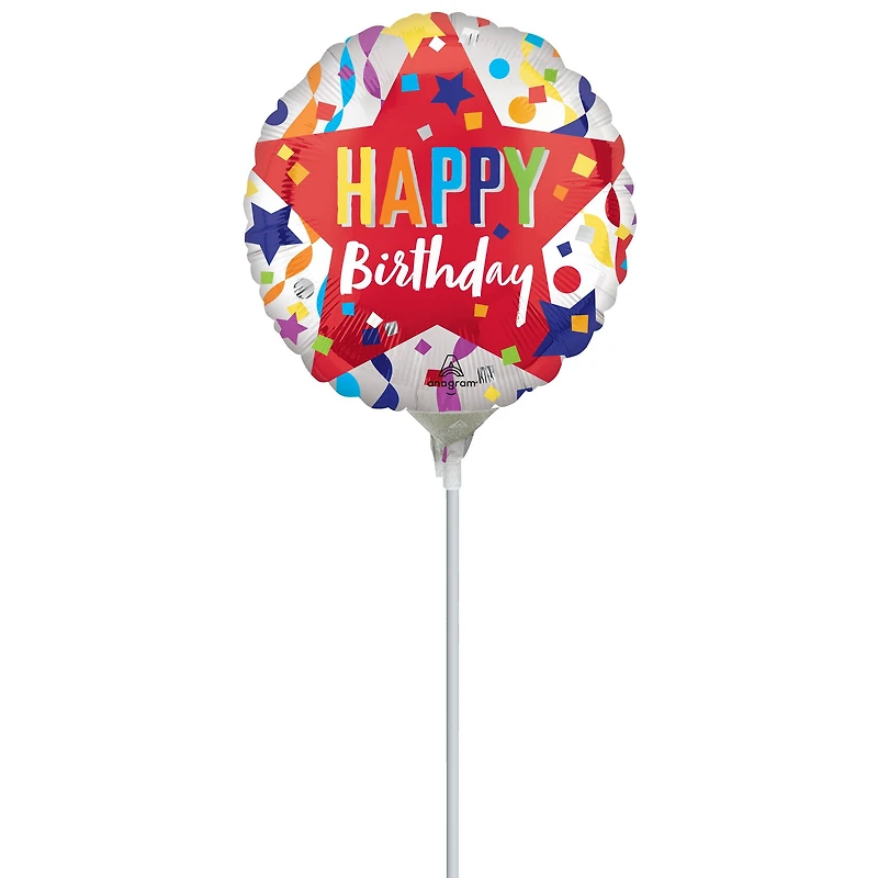 9" Red Star Happy Birthday Foil Balloon Stick
