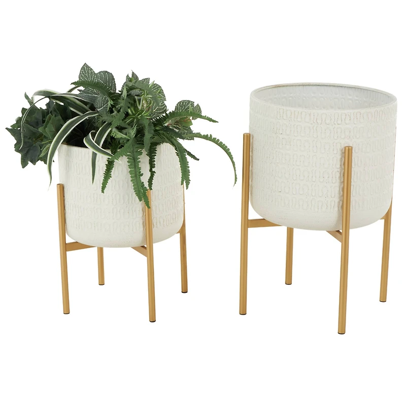 White & Gold Metal Dome Planter with Stand Set