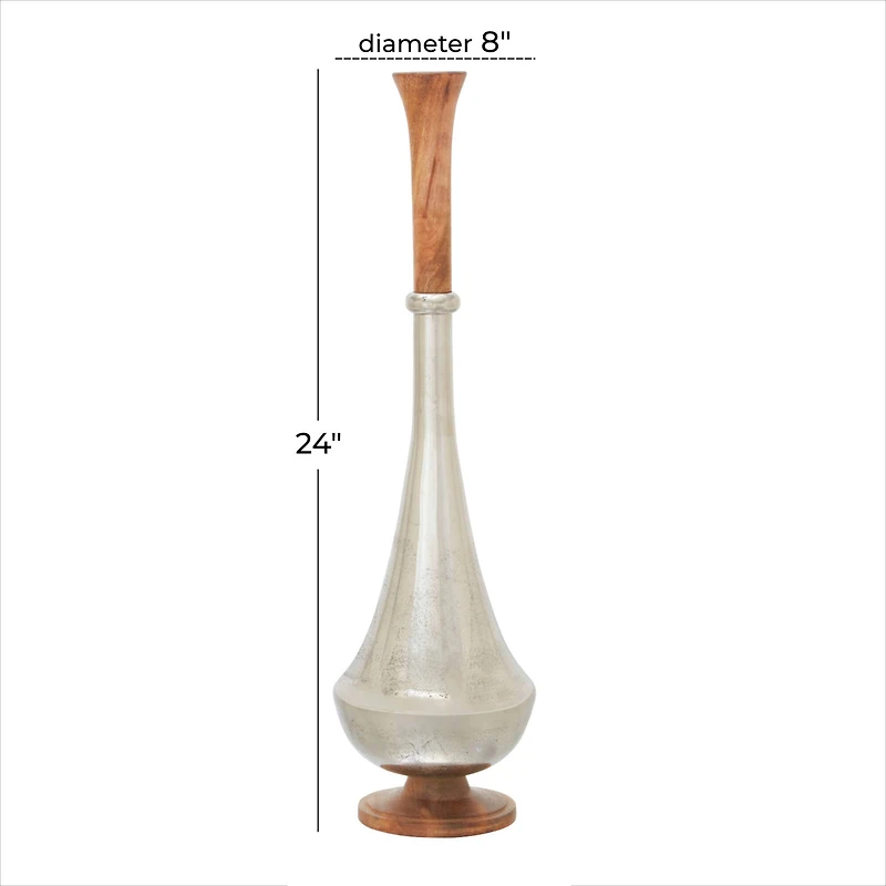 24" Silver Aluminum & Wood Contemporary Vase