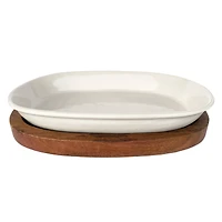 Hello Honey® 13" Cream Stoneware Serving Dish with Natural Mango Wood Base