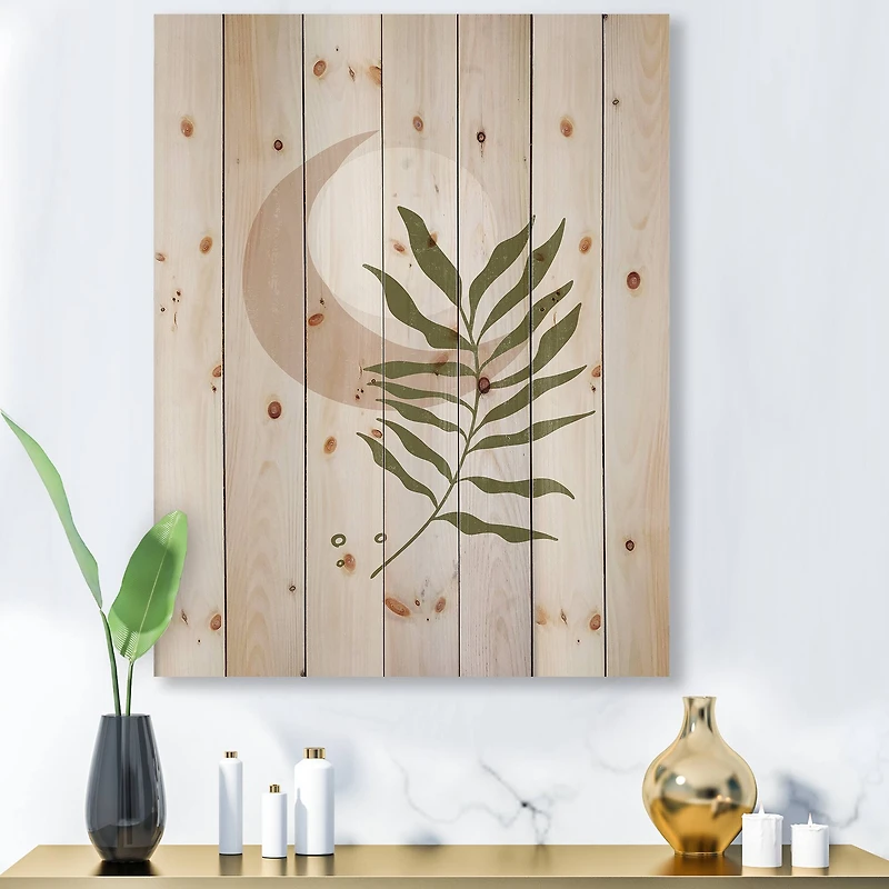 Designart - Abstract Geometrical Moon With Leaf II - Modern Print on Natural Pine Wood