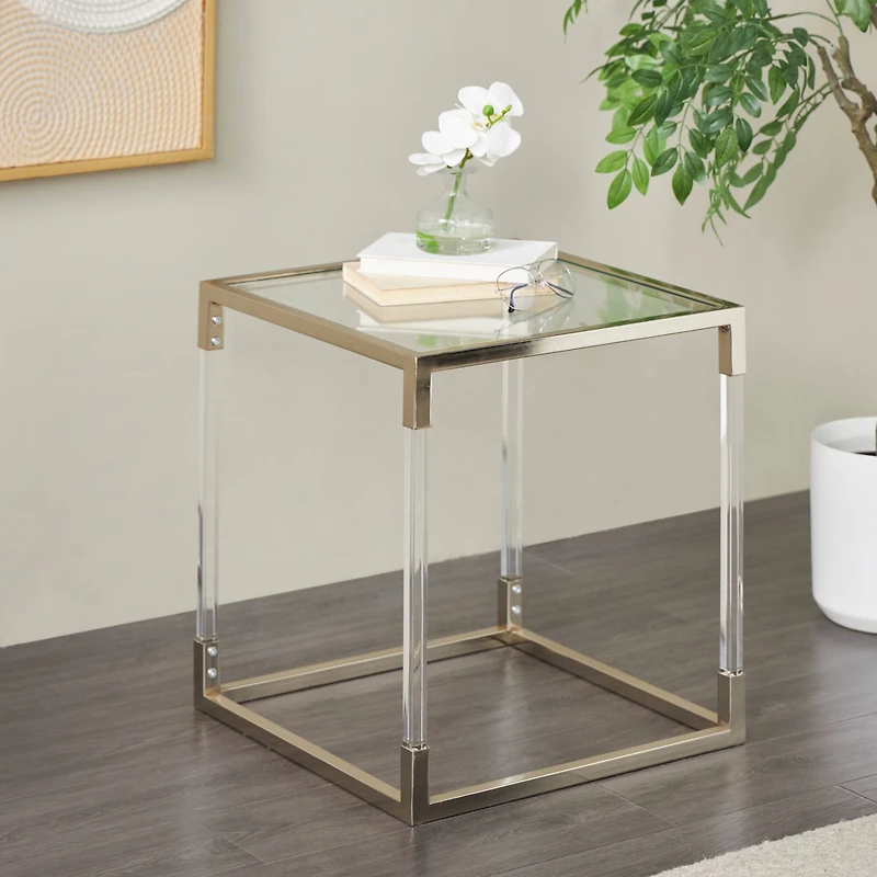 20.25" Silver Metal Floral Cube Shaped Accent Table with Clear Glass Top