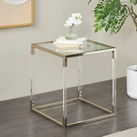 20.25" Silver Metal Floral Cube Shaped Accent Table with Clear Glass Top