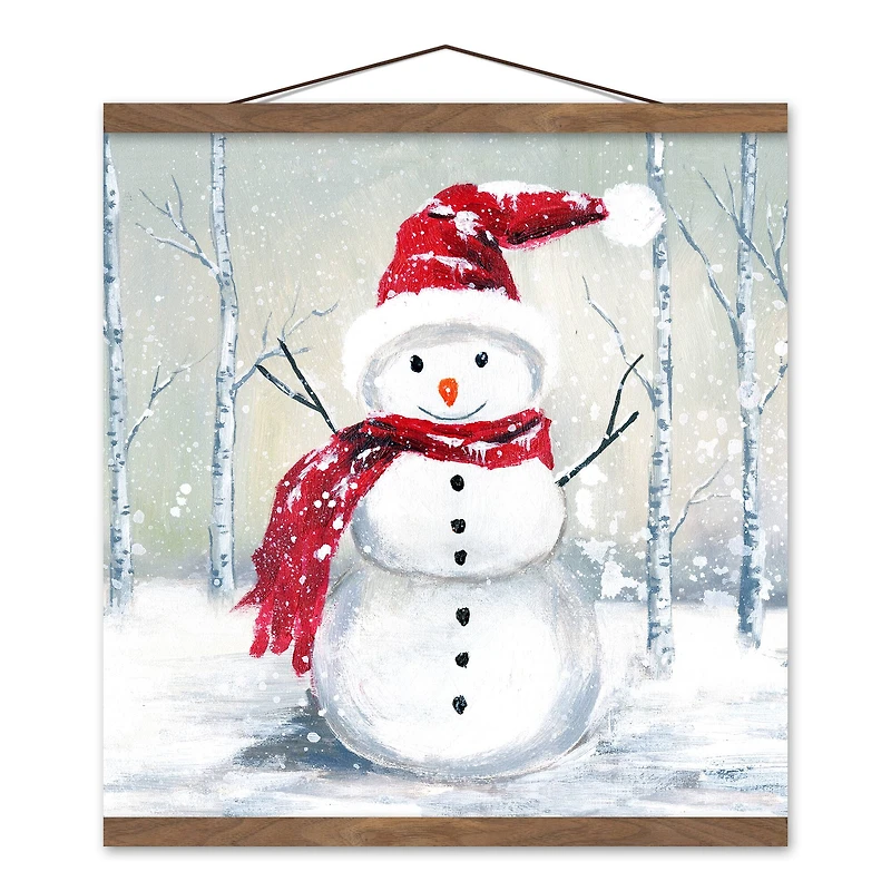 Winter Snowman Teak Hanging Canvas Wall Art