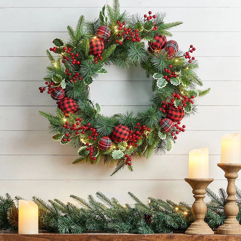 Glitzhome® 24" Pre-Lit Ornament, Berry, Holly & Pine Wreath
