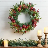 Glitzhome® 24" Pre-Lit Ornament, Berry, Holly & Pine Wreath