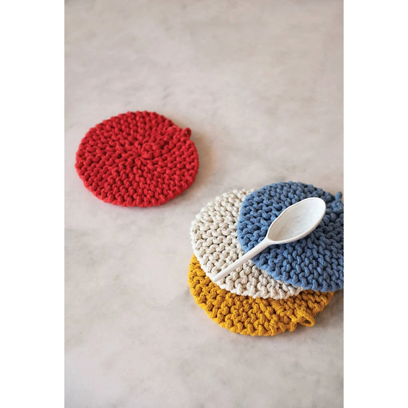 Hello Honey® 8" Red, Blue, Yellow & White Round Cotton Crocheted Pot Holder Set