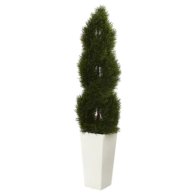5.5ft. UV Resistant Double Pond Cypress Spiral Topiary Artificial Tree in White Tower Planter