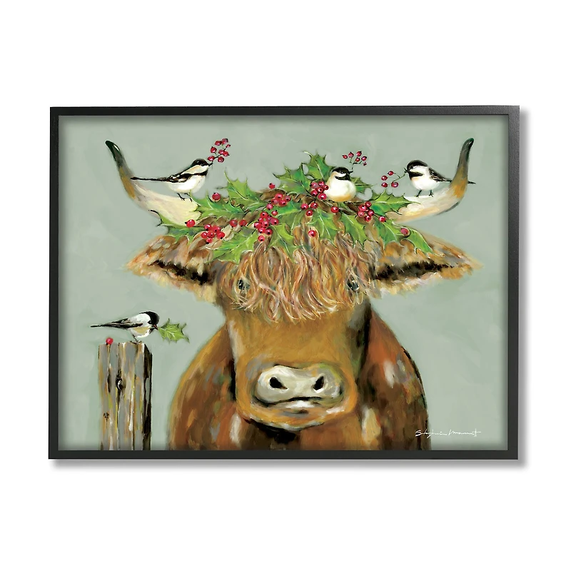 Stupell Industries Cattle & Birds Holiday Holly Framed Giclee Art
