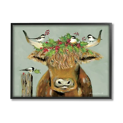 Stupell Industries Cattle & Birds Holiday Holly Framed Giclee Art