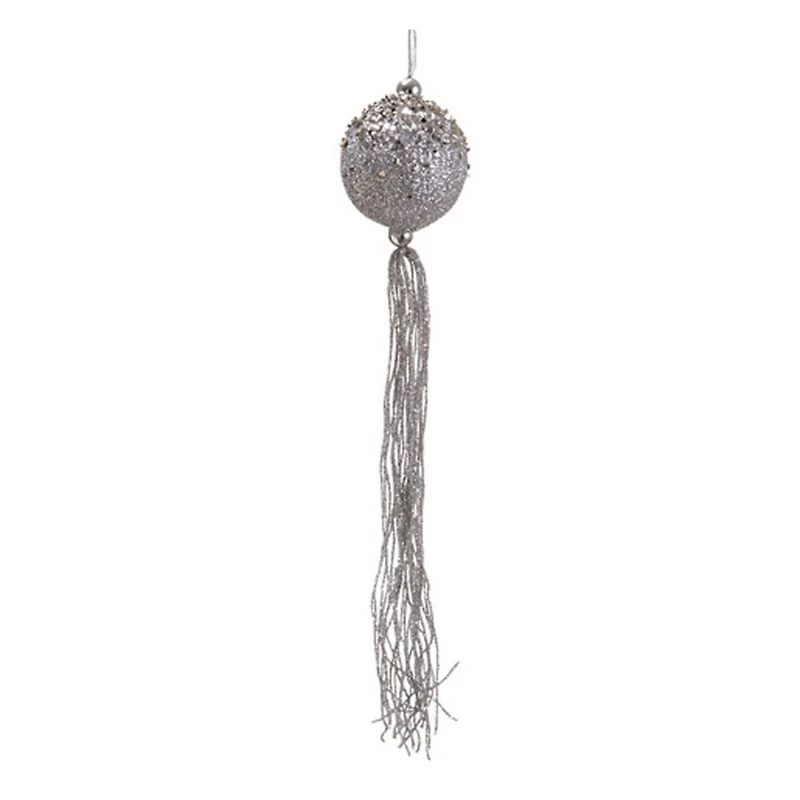12" Glitter Silver Christmas Ball Ornament with Tassels