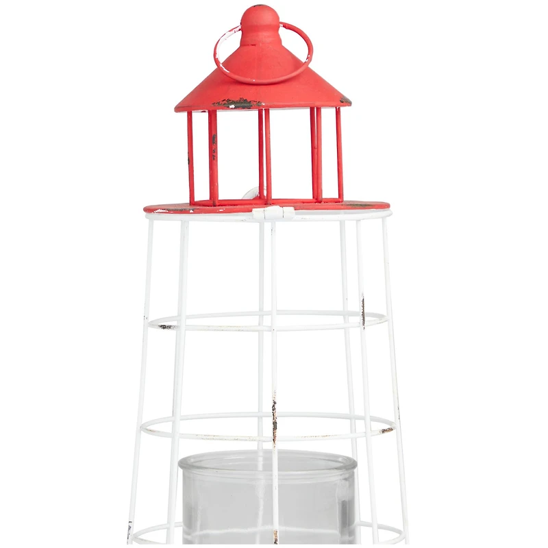 15" Red Metal Distressed Decorative Light House Candle Lantern
